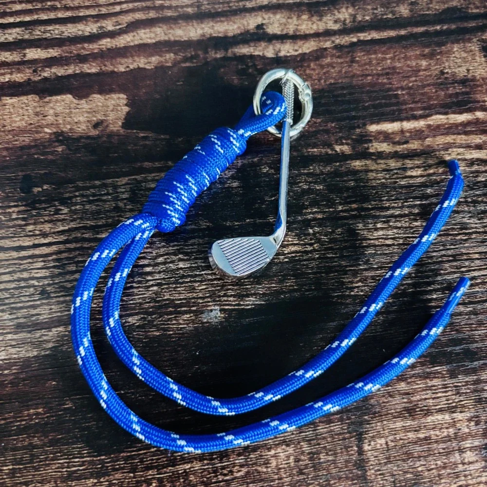 Blue Paracord Golf Club Charm Lanyard Keychain Bag Accessory Silver Tone Iron